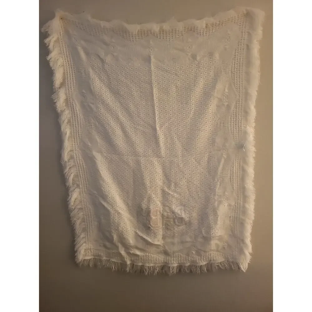 Vintage Baby Blanket bright future White “BABY” Fringe Trim 36 X 47 Cottagecore
